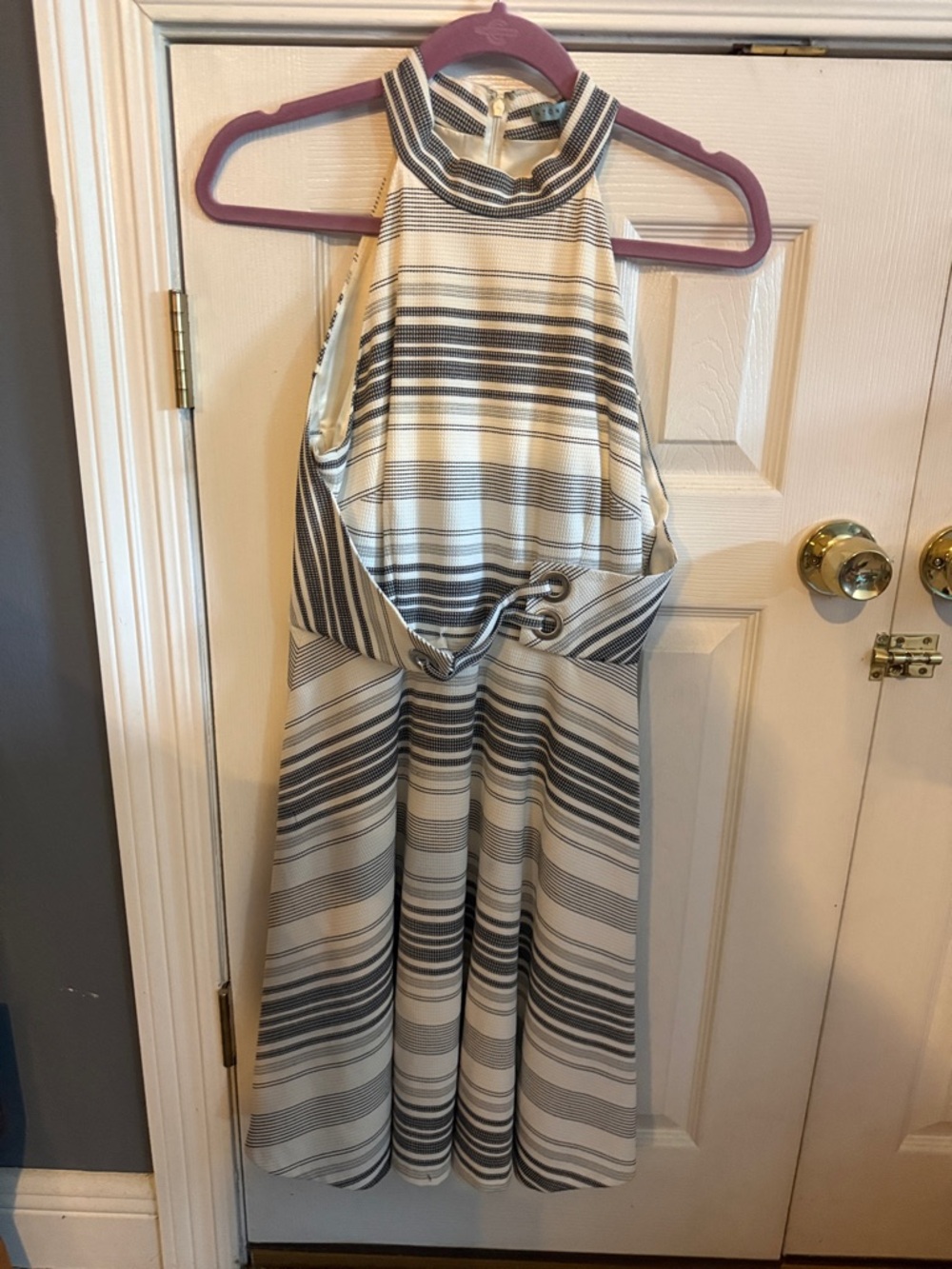 ANTONIO MELANI Cream and Gray Striped Halter Dress